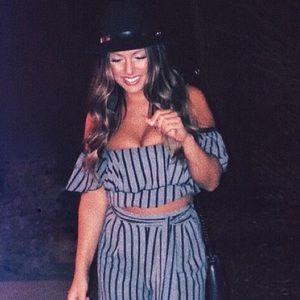 Whole outfit! Selling black hat with two piece set (black & white stripe)